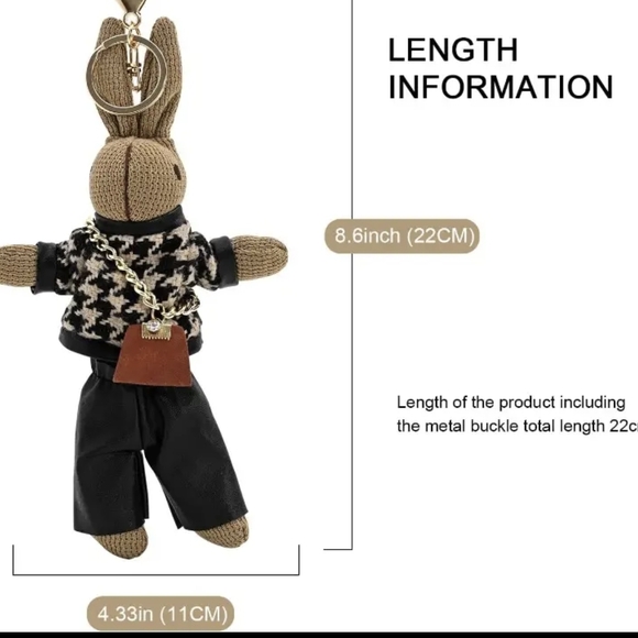 Bunny Keychain Bag Charm Wearing Houndstooth Sweater & Crossbody Purse - Picture 8 of 8